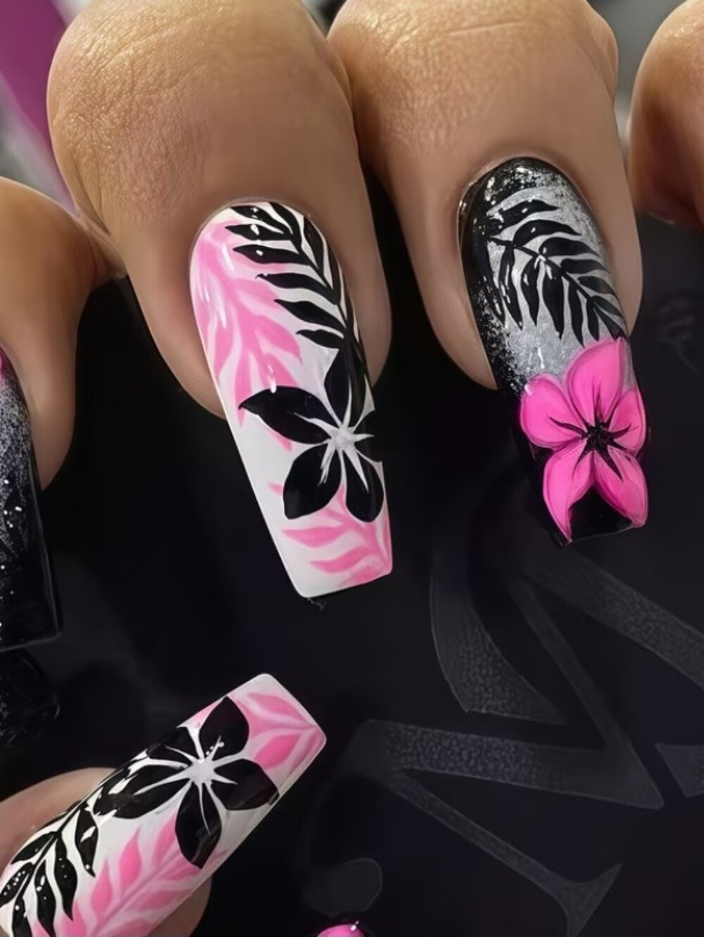 Pink & Black Floral Press-On Nail Set - Women Makeup